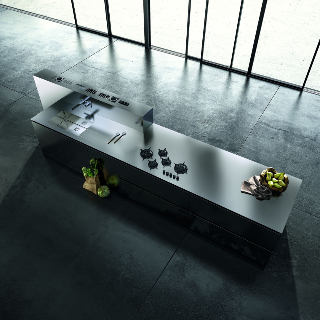 Cucina Moderna con Piano in Acciaio con piano cottura e lavello integrati - ICM Ingrosso Cucine Moderne